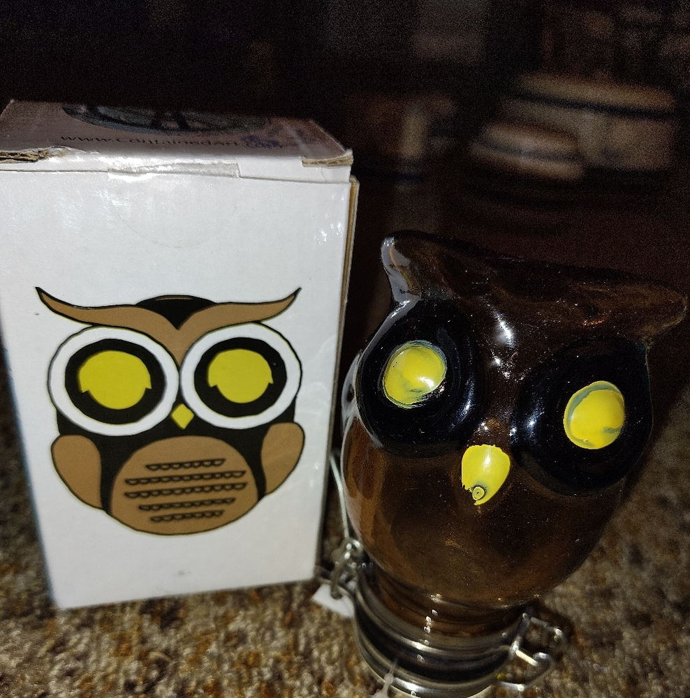 Owl-Shaped Brown and Yellow Glass Jar